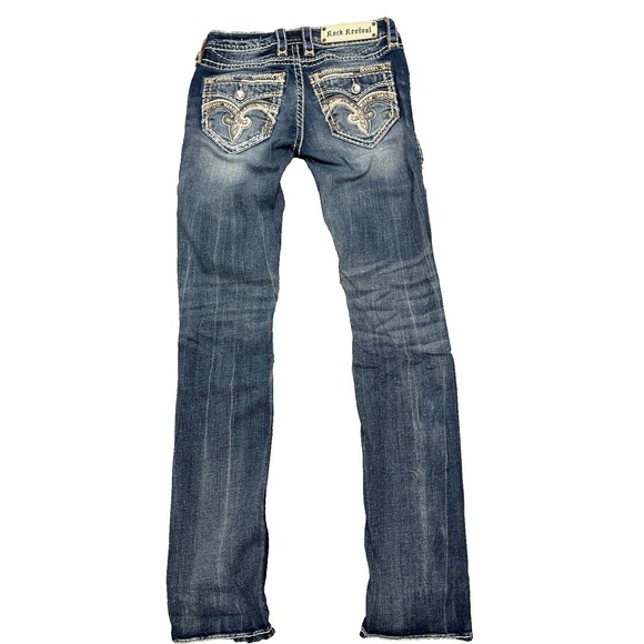 Rock Revival Jeans 25 Distressed Rip Y2K Crystal Flap Pocket Straight Streetwear - Picture 1 of 10